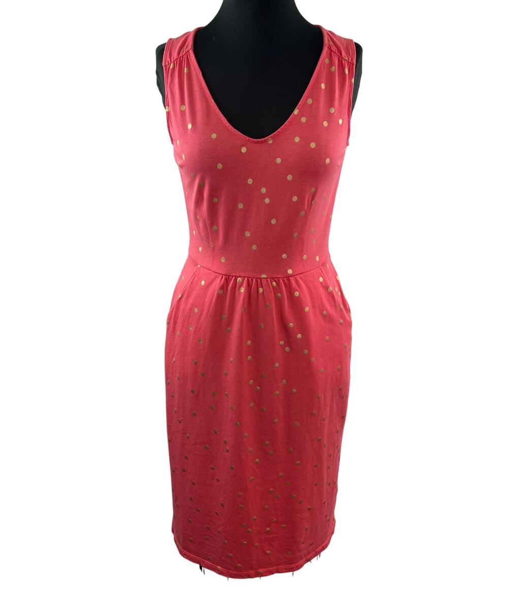 BODEN Melinda Pink Gold A-Line Dress Cotton Polka Dot V-Neck Pullover Size 6